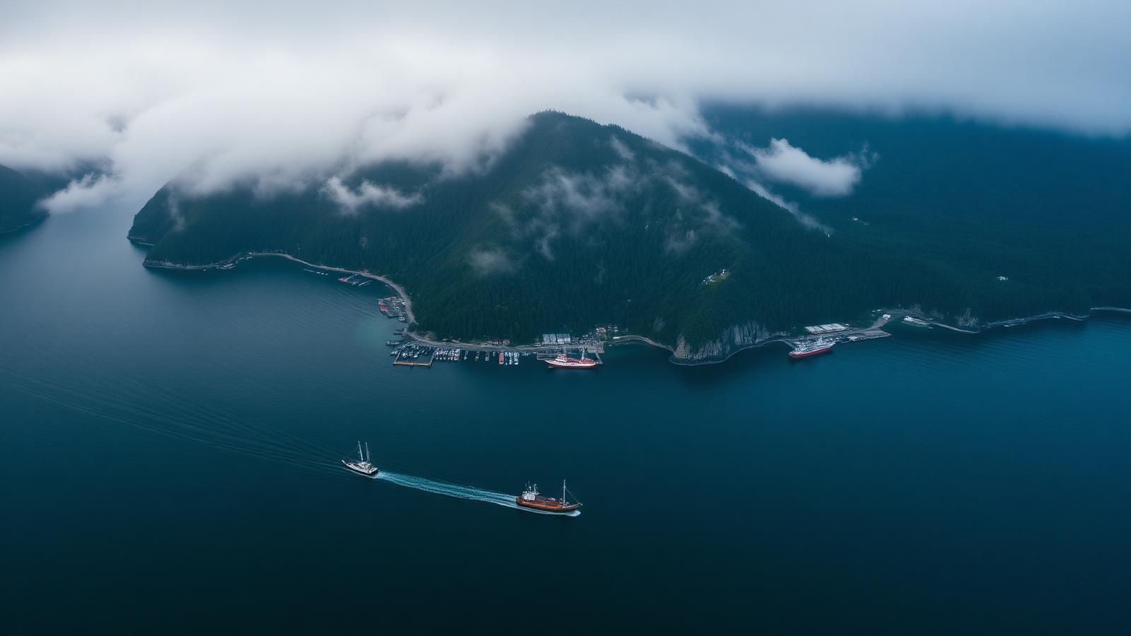 Aerial view of a Pacific Northwest coastline with fishing vessels