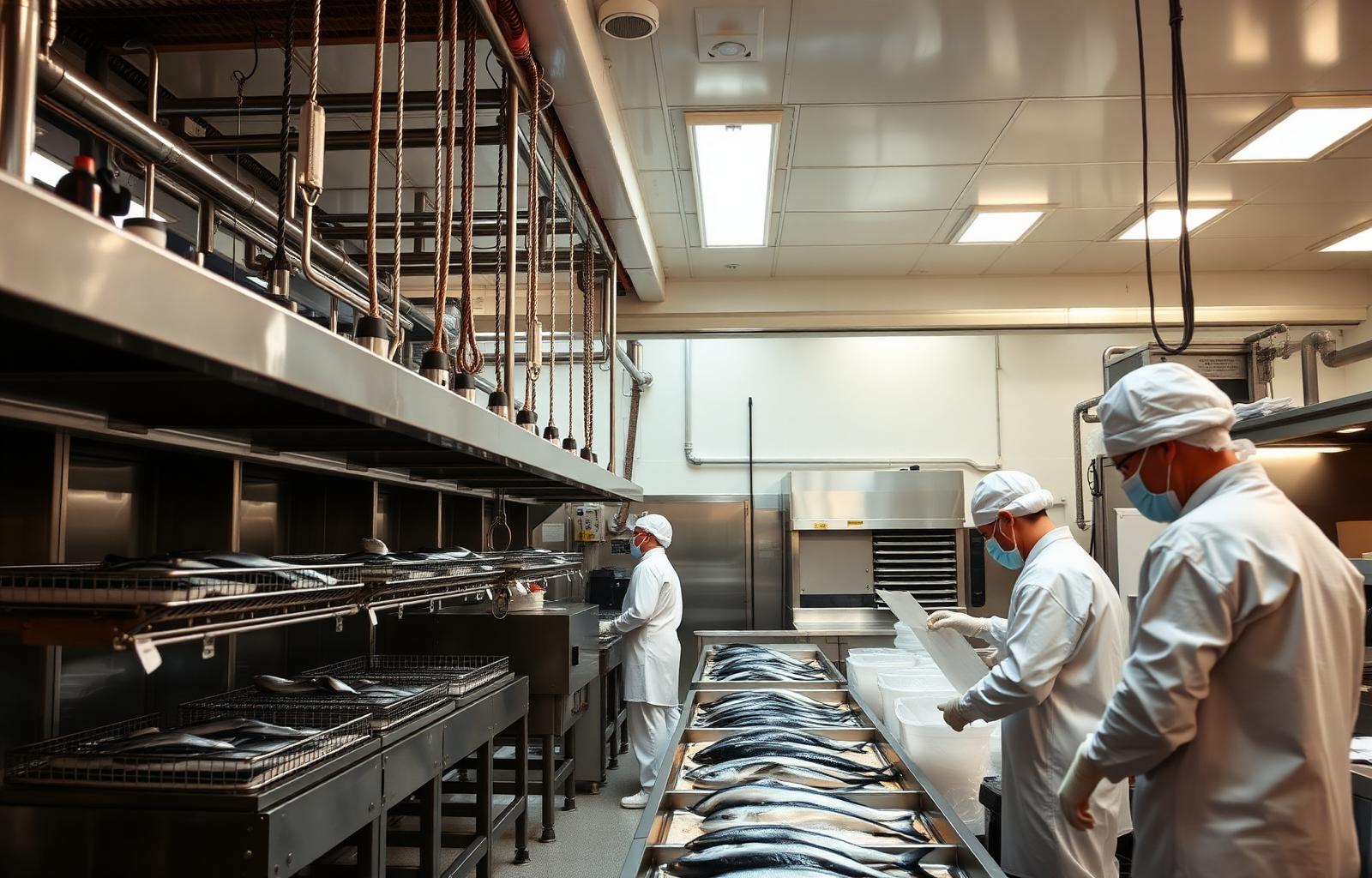 Interior of a modern seafood processing facility with stainless steel and workers